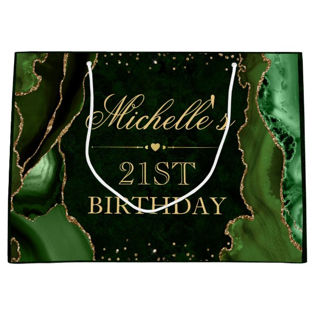 Green and Gold Glitter Marble Agate Birthday Large Gift Bag (Front)