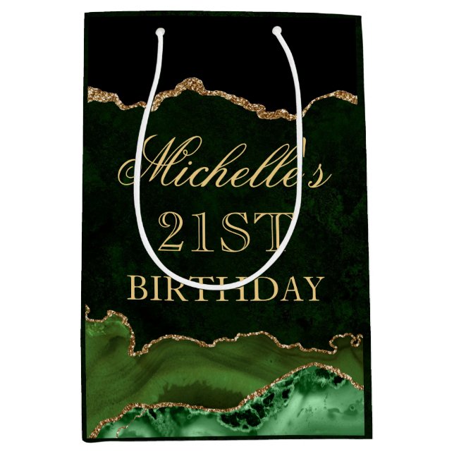 Green and Gold Glitter Marble Agate Birthday Medium Gift Bag (Front)