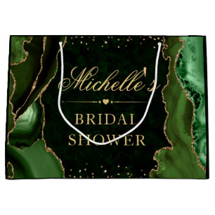 Green and Gold Glitter Marble Agate Bridal Shower Large Gift Bag