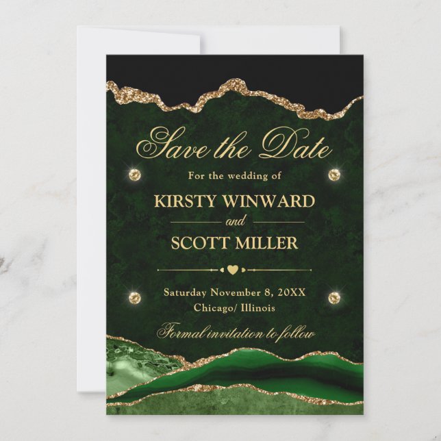 Green and Gold  Glitter Marble Agate Save the Date (Front)