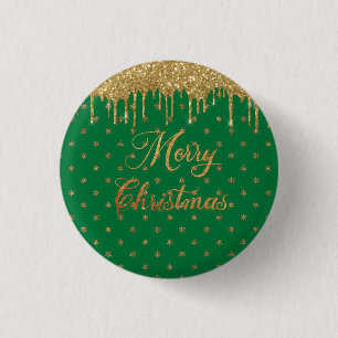 Green and gold glitter - merry christmas 3 cm round badge