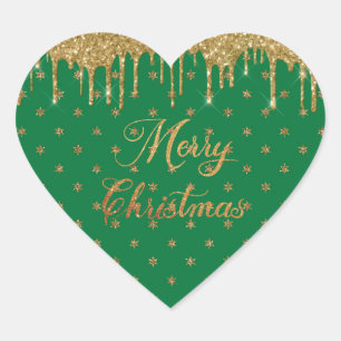 Green and gold glitter - merry christmas  heart sticker