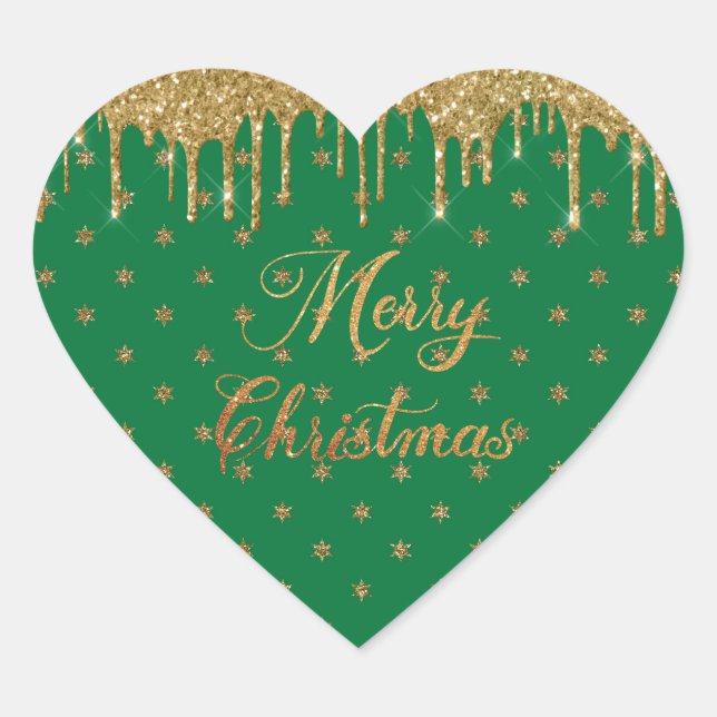 Green and gold glitter - merry christmas  heart sticker (Front)