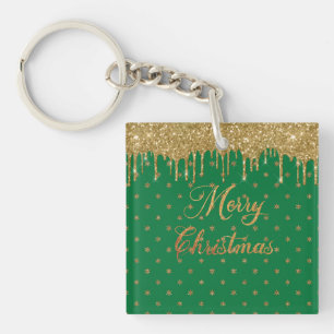 Green and gold glitter - merry christmas key ring