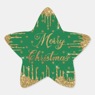 Green and gold glitter - merry christmas star sticker