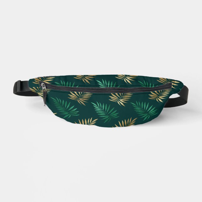 Green and Gold Glitter on Tropical Leaves Bum Bags (Front)