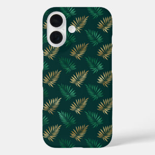 Green and Gold Glitter on Tropical Leaves iPhone 16 Case