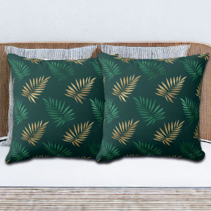 Green and Gold Glitter on Tropical Leaves Cushion