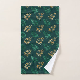 Green and Gold Glitter on Tropical Leaves Hand Towel