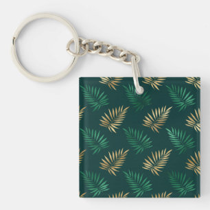 Green and Gold Glitter on Tropical Leaves Key Ring