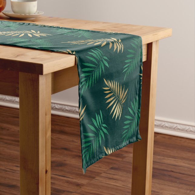 Green and Gold Glitter on Tropical Leaves Medium Table Runner (In Situ)