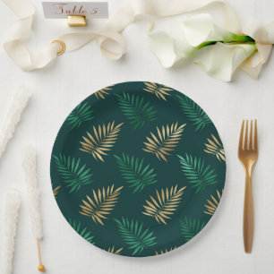 Green and Gold Glitter on Tropical Leaves Paper Plate