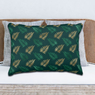 Green and Gold Glitter on Tropical Leaves Round Decorative Cushion