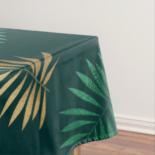 Green and Gold Glitter on Tropical Leaves Tablecloth