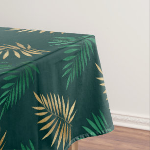 Green and Gold Glitter on Tropical Leaves Tablecloth