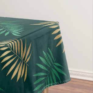 Green and Gold Glitter on Tropical Leaves Tablecloth
