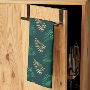 Green and Gold Glitter on Tropical Leaves Tea Towel