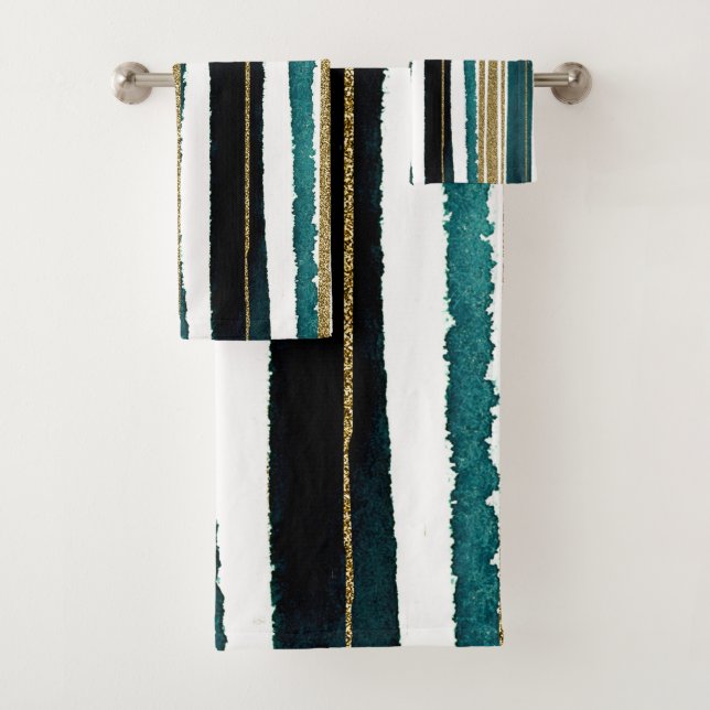 Green and gold glitter stripes  bath towel set (Insitu)