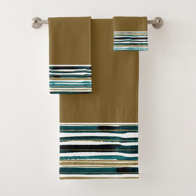 Green and gold glitter stripes  bath towel set (Insitu)