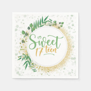 Green and Gold Glitter Sweet 17th Birthday Party Napkin