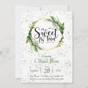 Green and Gold Glitter Sweet 18th Birthday Party Invitation
