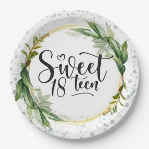Green and Gold Glitter Sweet 18th Birthday Party Paper Plate