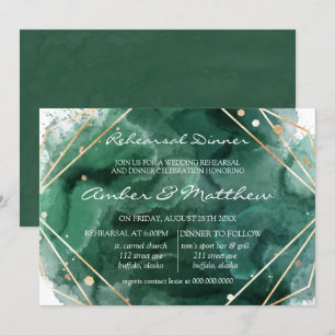 Green And Gold Glitter Watercolor Rehearsal Dinner Invitation