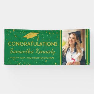 Green And Gold Graduation Confetti Grad Cap Photo  Banner