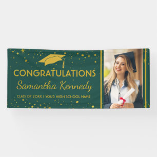 Green And Gold Graduation Confetti Grad Cap Photo Banner