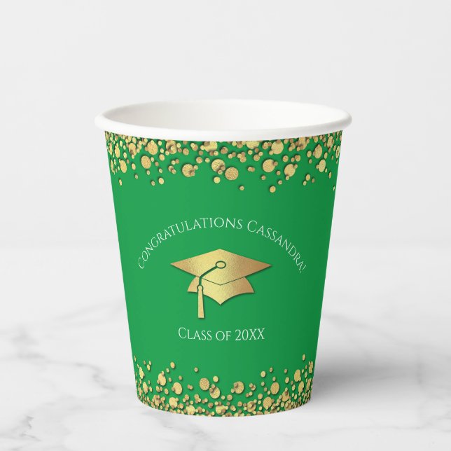 Green and Gold Graduation Paper Cups (Front)