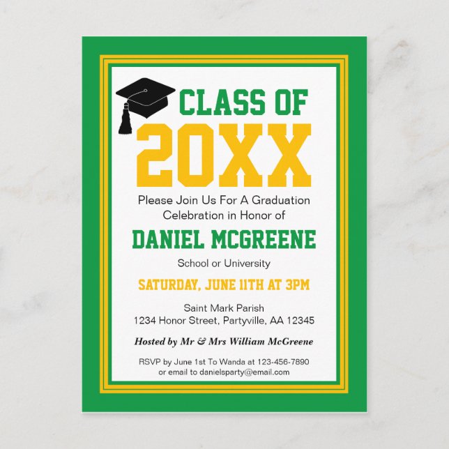 Green and Gold Graduation Party Invitation Postcard (Front)