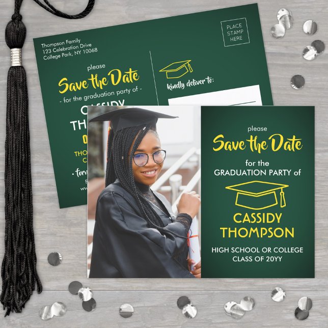 Green and Gold Graduation Photo Save the Date Postcard (Creator Uploaded)
