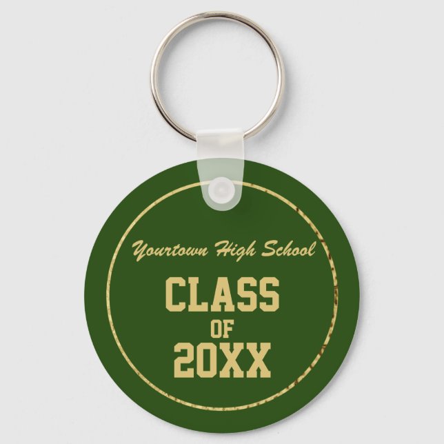 Green and Gold Graduation School and Year Key Ring (Front)