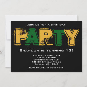 Green and Gold Grunge Birthday Party Invitation