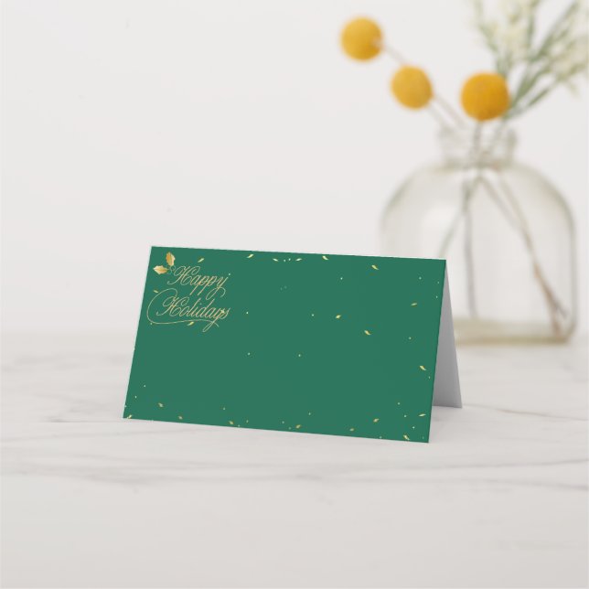 Green and Gold Happy Holidays Entertaining Place Card (Front)