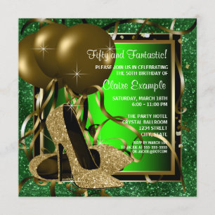 Green and Gold High Heels Womans Birthday Party Invitation