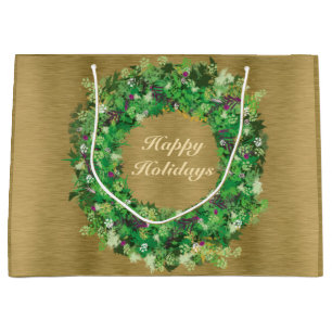 Green and Gold Holiday Wreath Large Gift Bag
