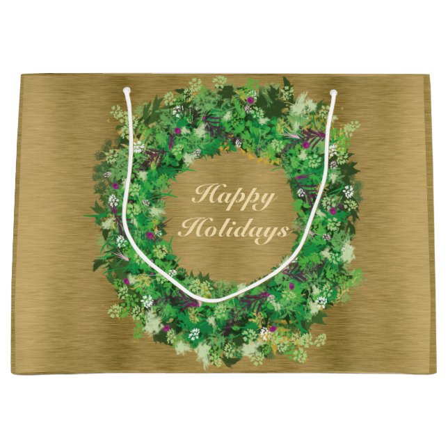 Green and Gold Holiday Wreath Large Gift Bag (Front)
