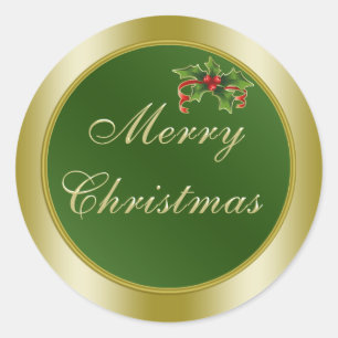 Green and Gold, Holly  Merry Christmas Classic Round Sticker