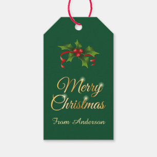 Green and gold Holly Merry Christmas Gift Tags