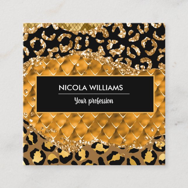 Green and Gold Jungle Safari Animal Print Agate Square Business Card (Front)