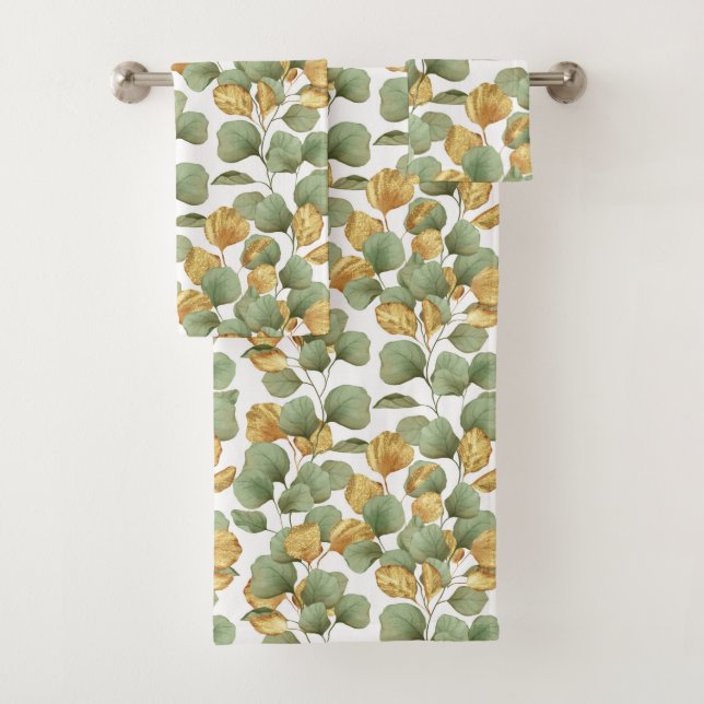 Green and gold leaves.  Pattern Bath Towel Set (Insitu)