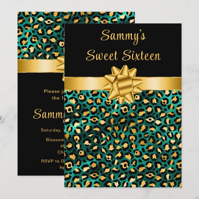 Green and Gold Leopard Print Sweet Sixteen Invitation (Front/Back)