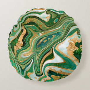 Green and gold liquid marble abstract round cushion
