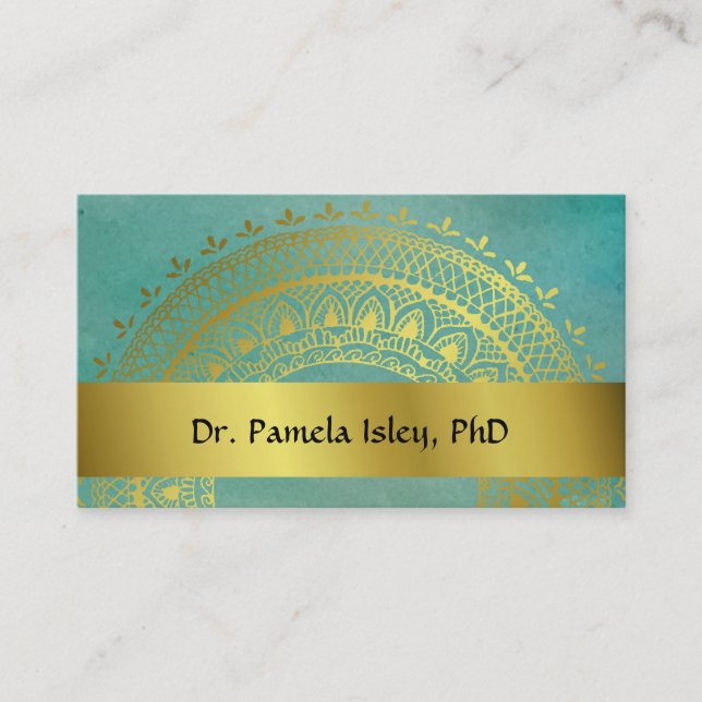 Green and Gold Mandala Business Card (Front)