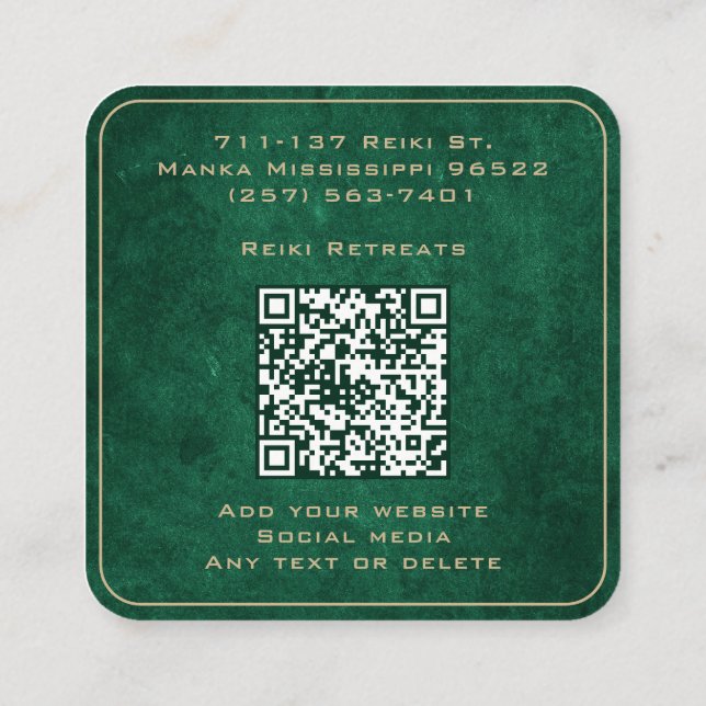    Green And Gold Mandala Reiki Healing Meditation Square Business Card (Back)