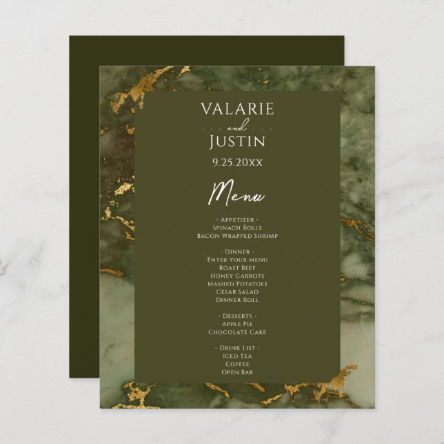 Green and Gold Marble Budget Wedding Menu (Front/Back)