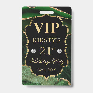 Green and Gold Marble Glitter Agate Birthday VIP ID Badge