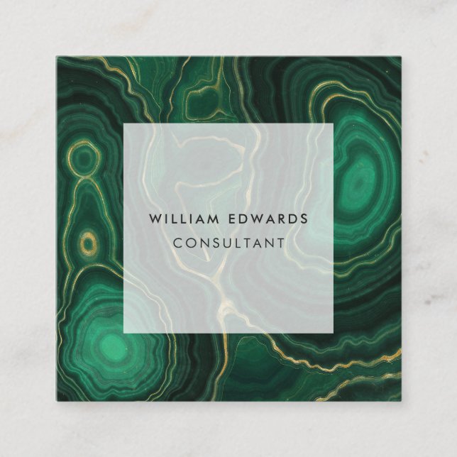 Green and Gold Marble Malachite Stone Square Square Business Card (Front)