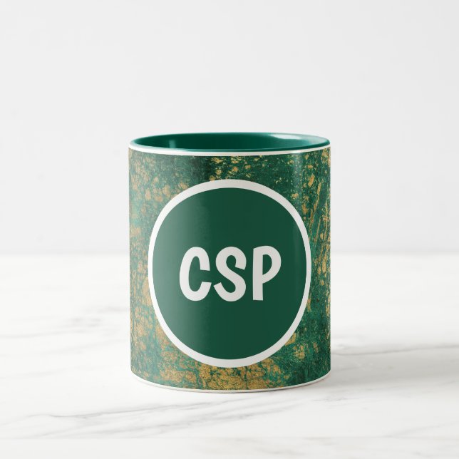 Green and Gold Marble Monogram Two-Tone Coffee Mug (Center)